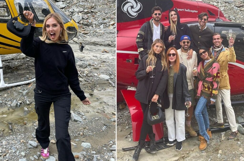 Chiara Ferragni vola in elicottero sul ghiacciaio per aperitivo: è polemica