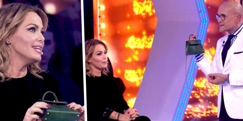 Sonia Bruganelli mostra la minibag da 40mila euro in tv e rivela come ha convinto Bonolis a comprargliela