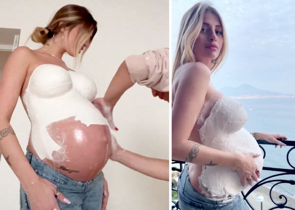 Chiara Nasti mostra orgogliosa il calco in gesso del suo pancione ricoperto di Swarovski, piovono critiche per la ''cafonata''