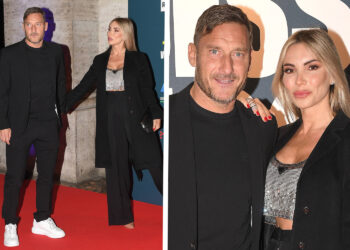 Francesco Totti e Noemi Bocchi per la prima volta sul red carpet insieme a Roma: la coppia in posa, fotografi impazziti