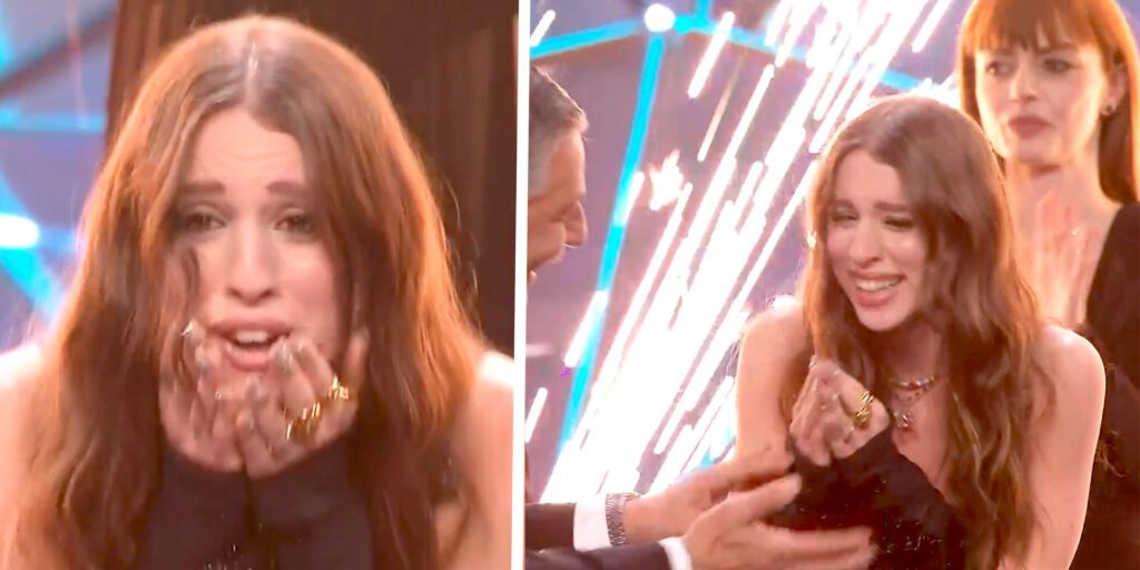 Angelina Mango incredula dopo la vittoria a Sanremo: lacrime e gioia sul palco con Amadeus e Fiorello