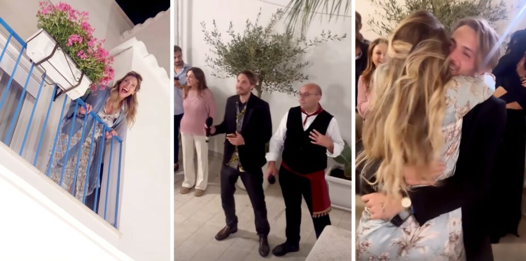 Guenda Goria, incinta di 7 mesi, sorpresa dalla serenata a tarda sera il giorno prima delle nozze: guarda la reazione con mamma Ruta