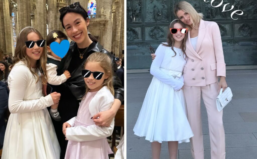 Michelle Hunziker in Duomo a Milano per la cresima della figlia Sole: i look sono coordinati sul pastello, c'è anche Aury Ramazzotti