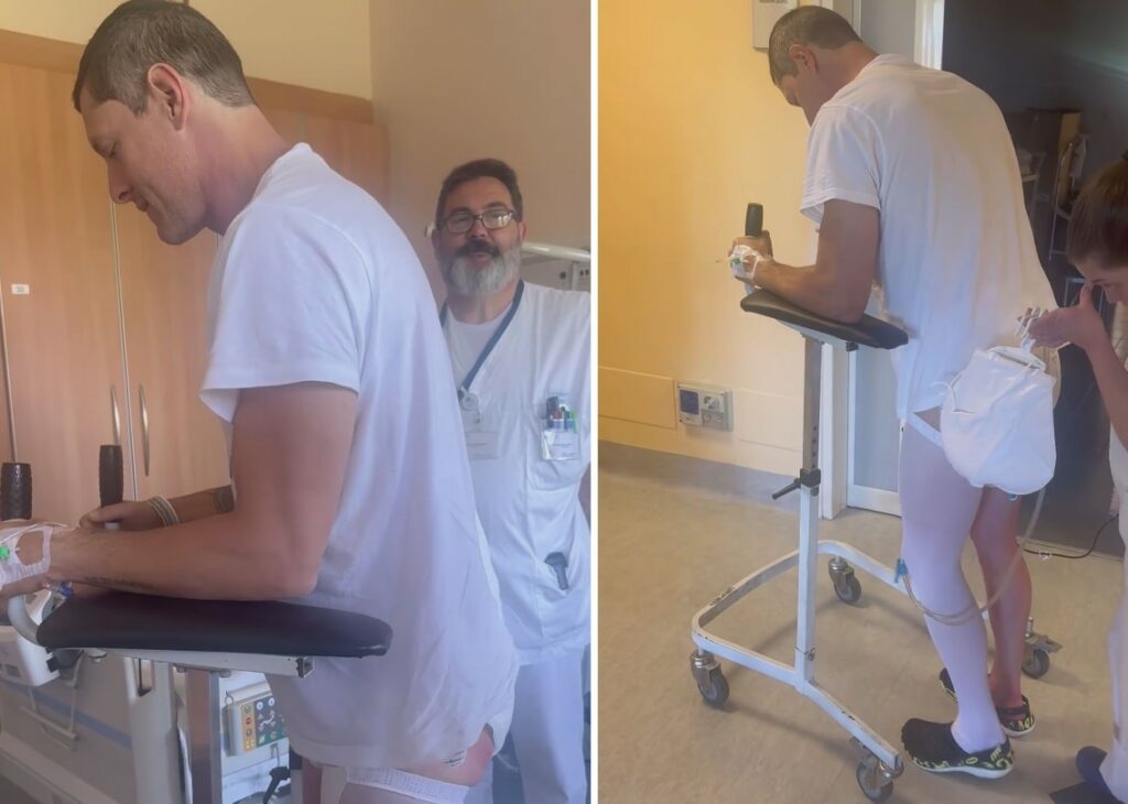 Aldo Montano dopo l'inserimento della protesi all'anca inizia la difficile riabilitazione: le dure immagini dopo l’intervento