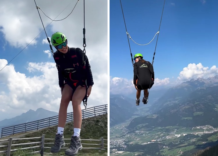 Ilary Blasi prova una spaventosa altalena in montagna