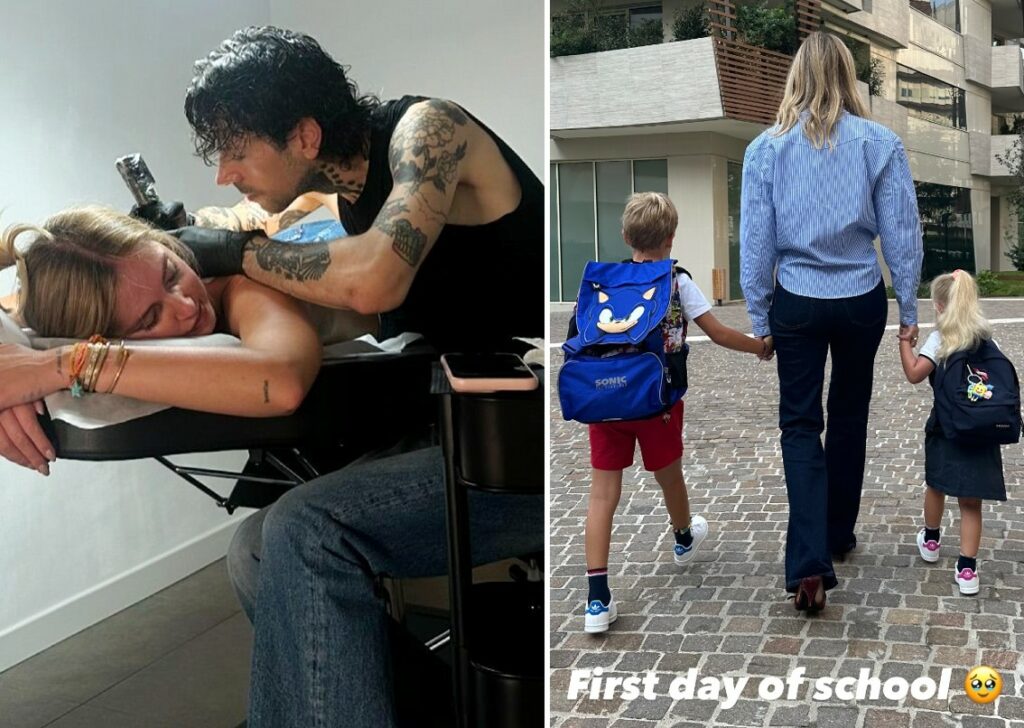 Chiara Ferragni si fa fare un lunghissimo tatuaggio sulla schiena dedicato ai figli, poi li accompagna al primo giorno di scuola: foto