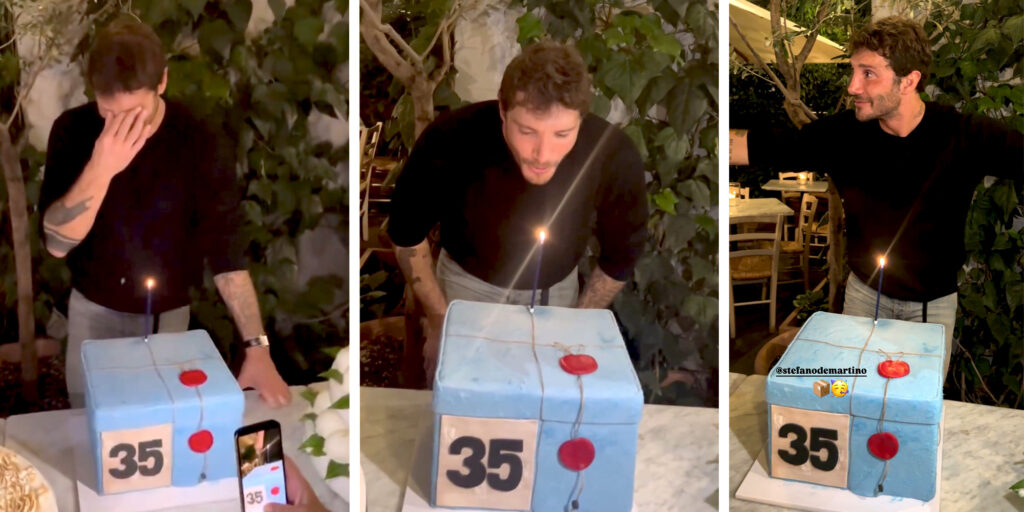 Stefano De Martino si commuove alla festa per i suoi 35 anni di fronte alla torta a forma di pacco di 'Affari Tuoi': guarda
