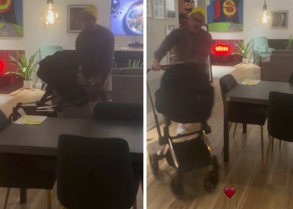 Fabrizio Corona a 3 settimane dalla nascita del secondogenito si preparare ad accoglierlo giocando in casa col passeggino: guarda