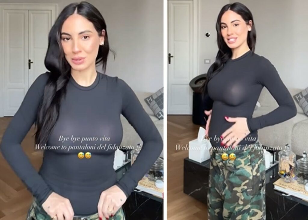 ''Bye bye punto vita'': a Giulia De Lellis incinta non entrano più i suoi pantaloni e prende in prestito quelli del fidanzato Tony Effe