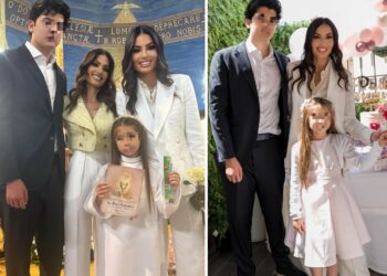 Elisabetta Gregoraci in total white a Roma con il figlio Nathan Falco per la Prima Comunione della nipotina Ginevra: foto