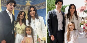 Elisabetta Gregoraci in total white a Roma con il figlio Nathan Falco per la Prima Comunione della nipotina Ginevra: foto