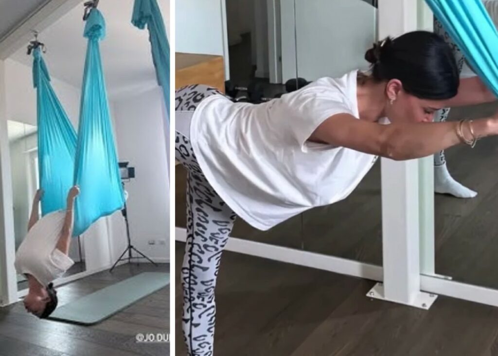 Belen Rodriguez si allena 'appesa' con l'aerial fusion