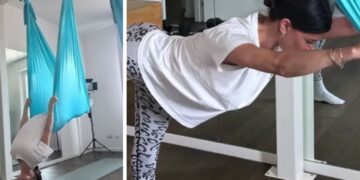 Belen Rodriguez si allena 'appesa' con l'aerial fusion
