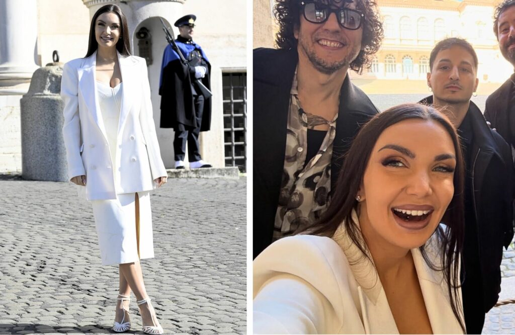 Elettra Lamborghini in total white per l’incontro al Quirinale col Presidente: spicca per il look elegante e sofisticato, foto